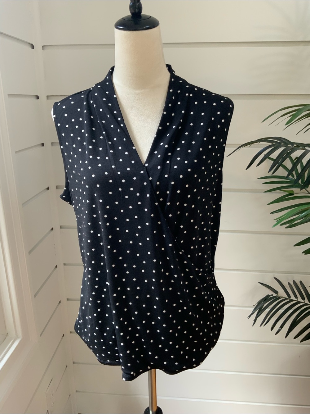 Adrianna Papell Black and White Polka Dot Faux Wrap Top Size L